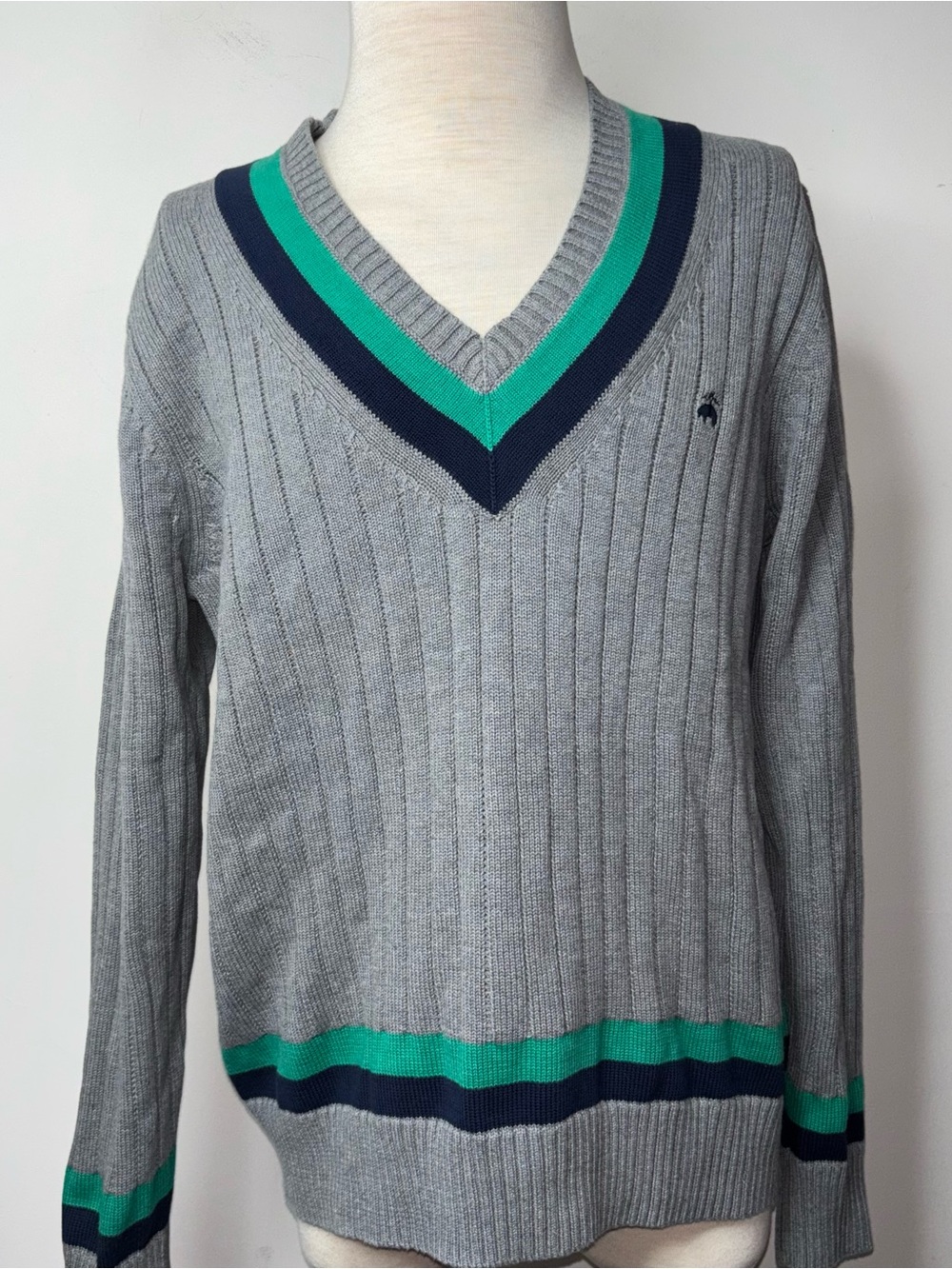 Brooks Brothers Men's L Tennis Cricket Sweater V-Neck Gray 100% Cotton Preppy